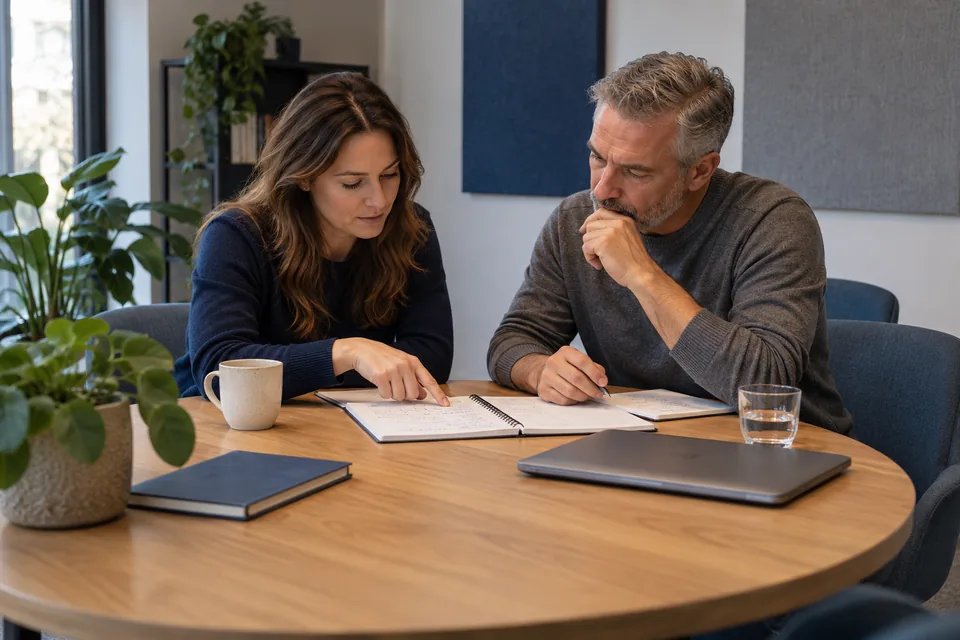 Twee personen bespreken notities aan een ronde tafel in een studieruimte.