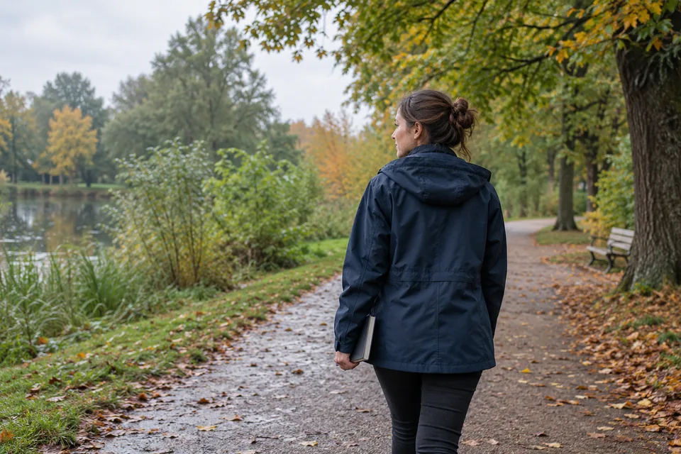 Persoon wandelt met een gesloten notitieboek over een rustig parkpad.