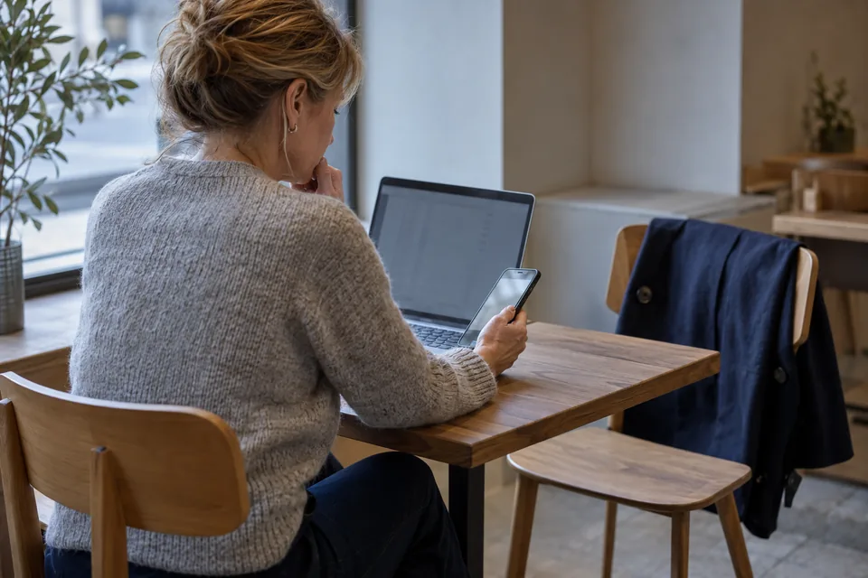 Persoon bekijkt een telefoon naast een laptop in een rustige zithoek.