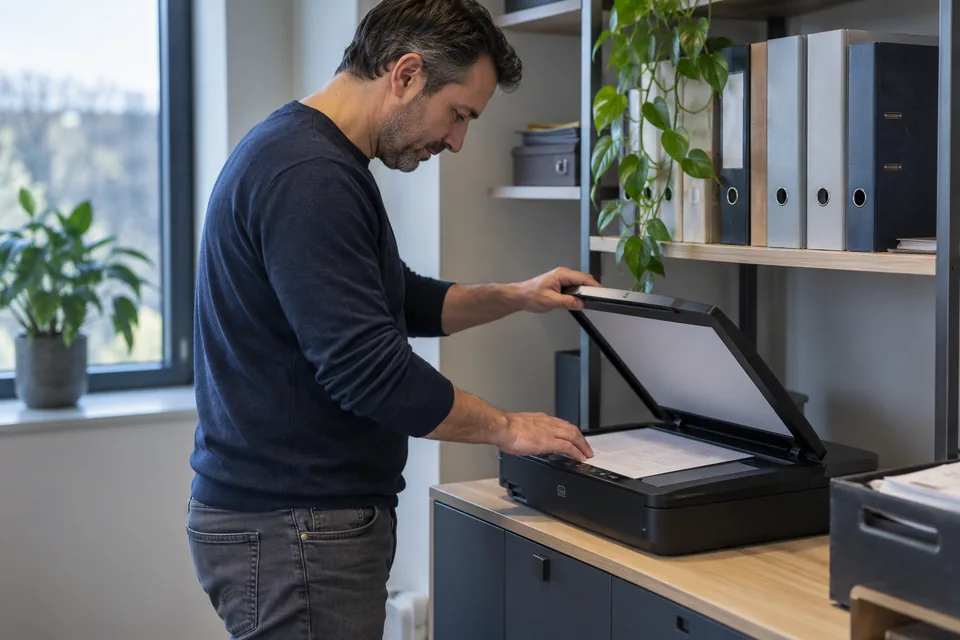 Persoon bekijkt een document bij een open scanner naast een kast.