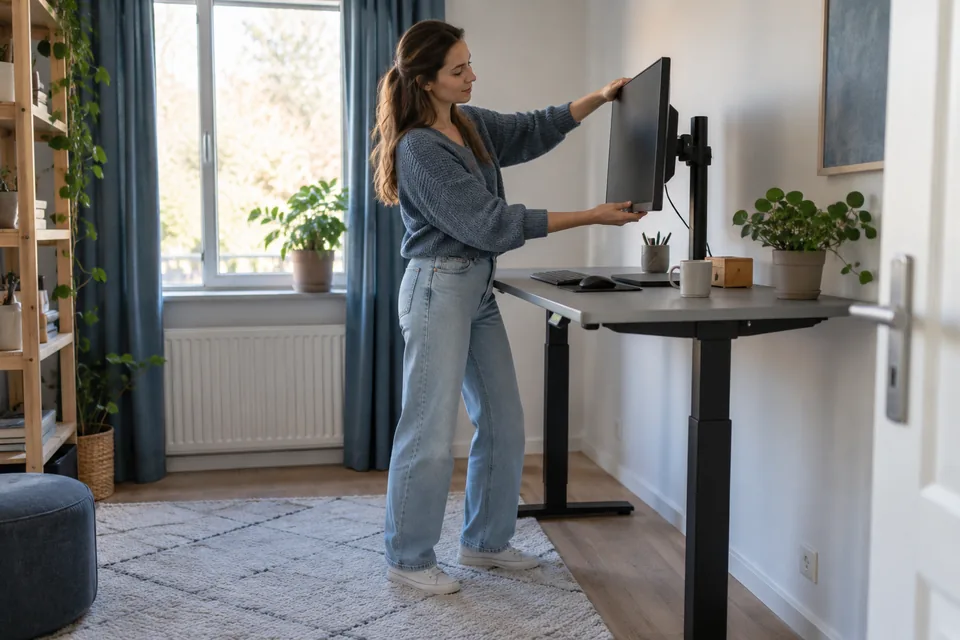 Persoon stelt de hoogte van een monitor bij een sta-bureau af.