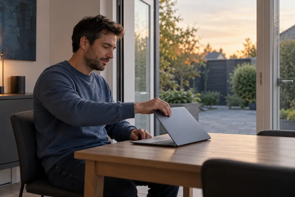 Persoon sluit een laptop aan een kleine tafel bij een open deur.