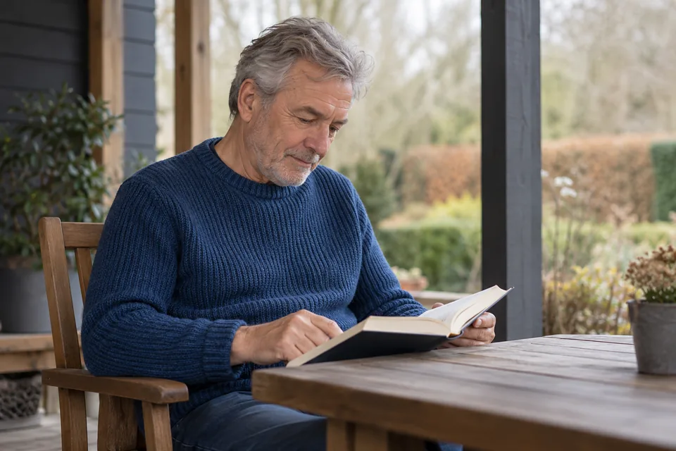 Persoon leest een naslagwerk op een rustige veranda.