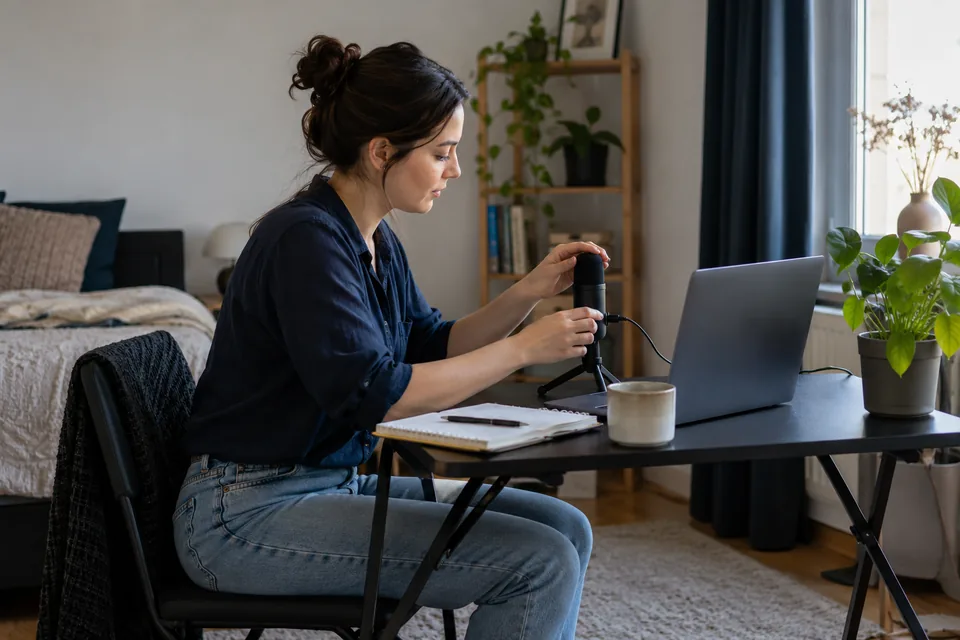 Persoon zet een kleine bureaumicrofoon klaar naast een laptop.