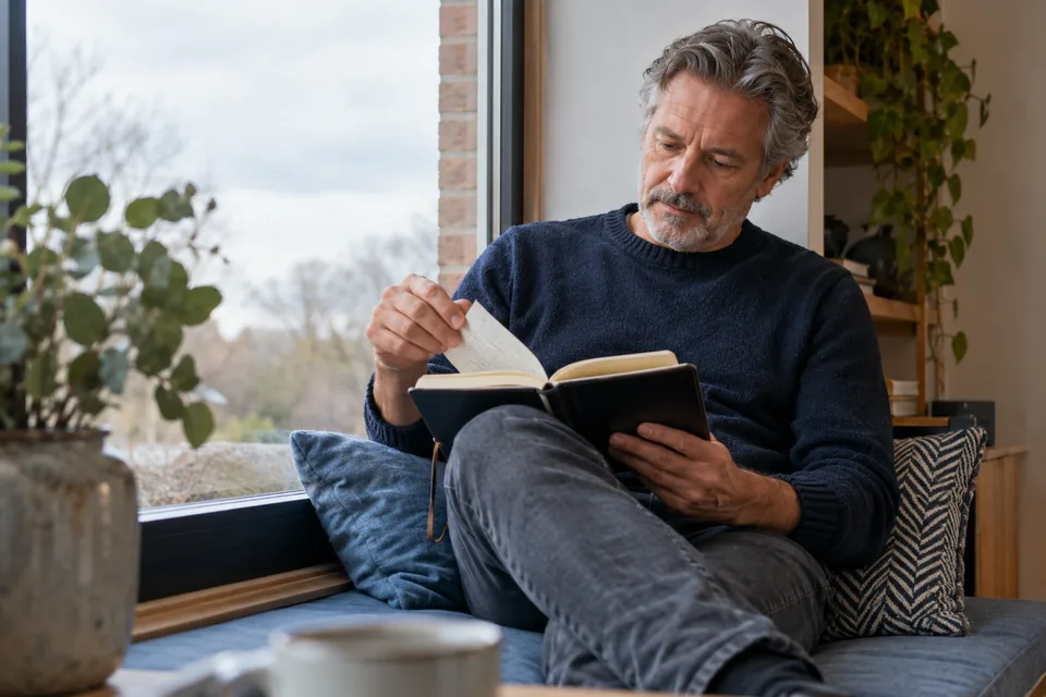 Persoon bladert door een notitieboek op een vensterbank.