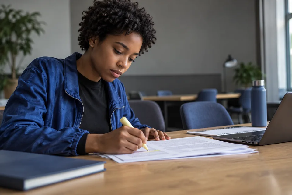 Persoon markeert een passage in studiemateriaal aan een gedeelde leestafel.