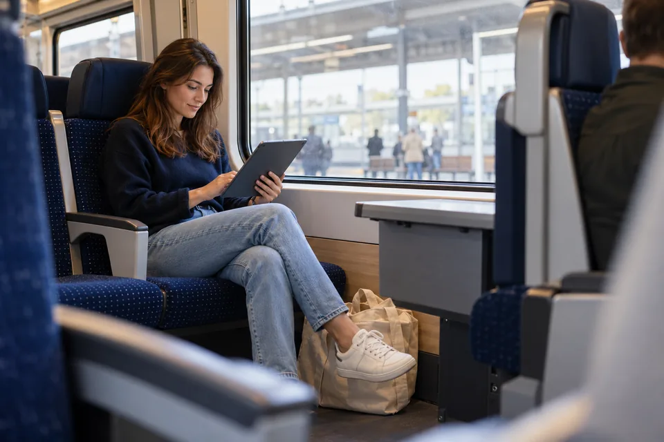Persoon leest op een tablet in een trein.