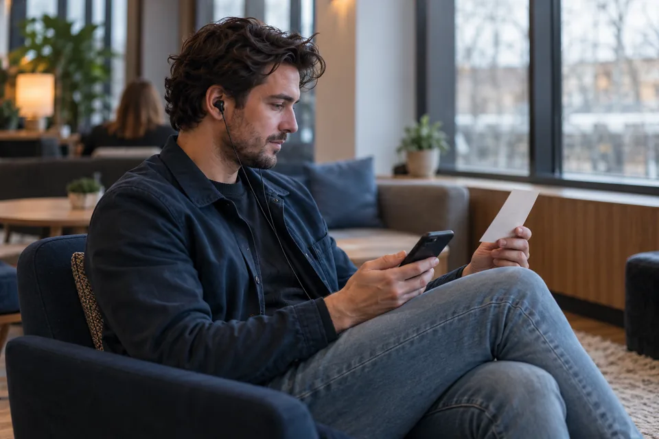 Persoon luistert naar uitleg met een telefoon en oortjes aan een raam.