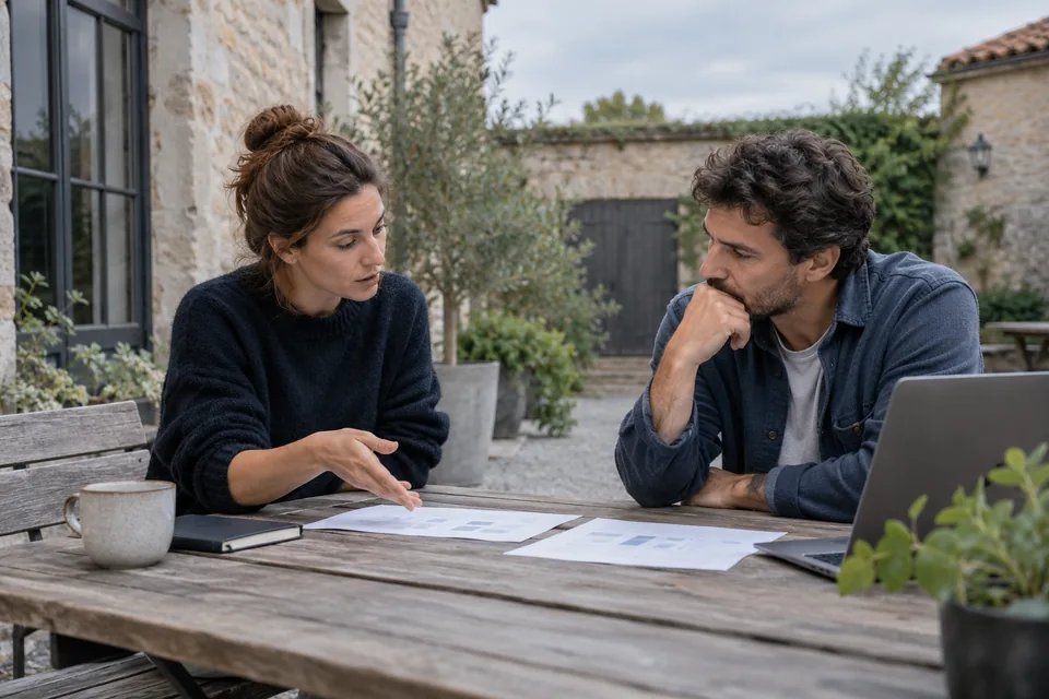 Twee personen bespreken oefenbladen in een rustige binnentuin.