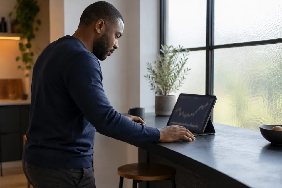 Persoon bekijkt een tablet op een eenvoudige standaard aan een hoge tafel.