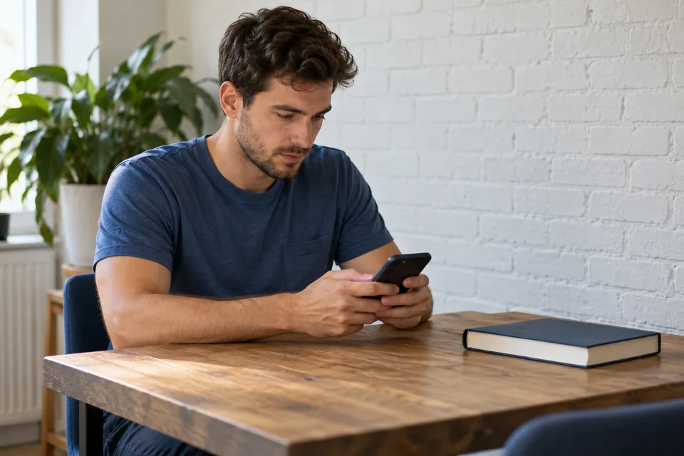 Persoon gebruikt een telefoon aan tafel met een gesloten studieboek.