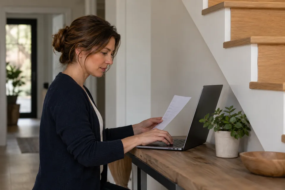 Persoon typt aantekeningen van papier over op een laptop.
