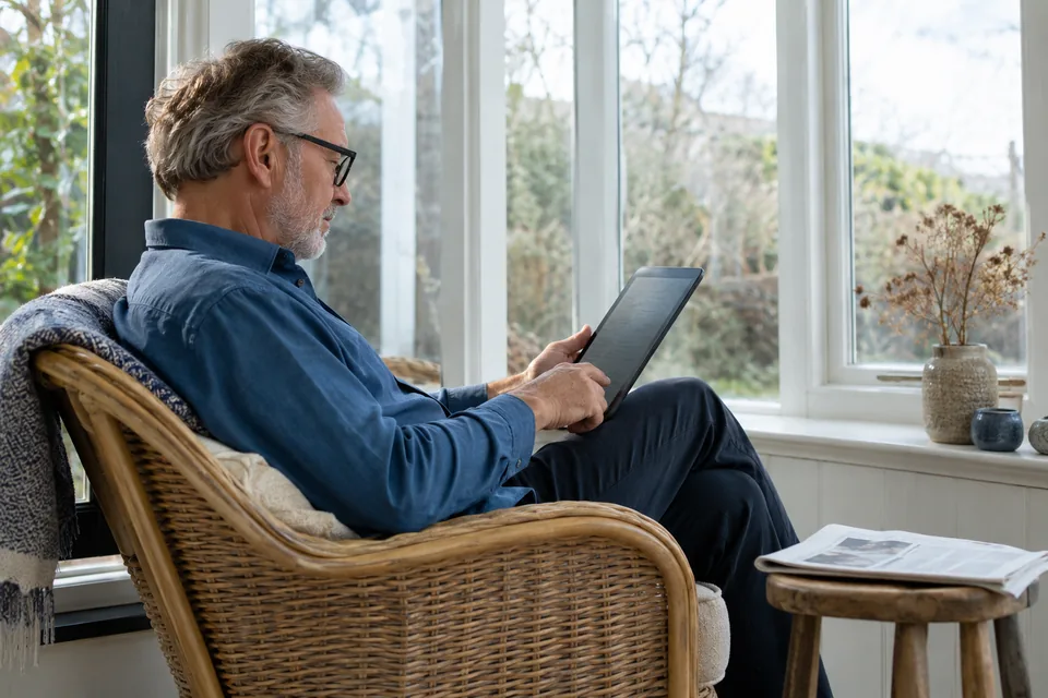 Persoon leest op een tablet in een lichte leeshoek.