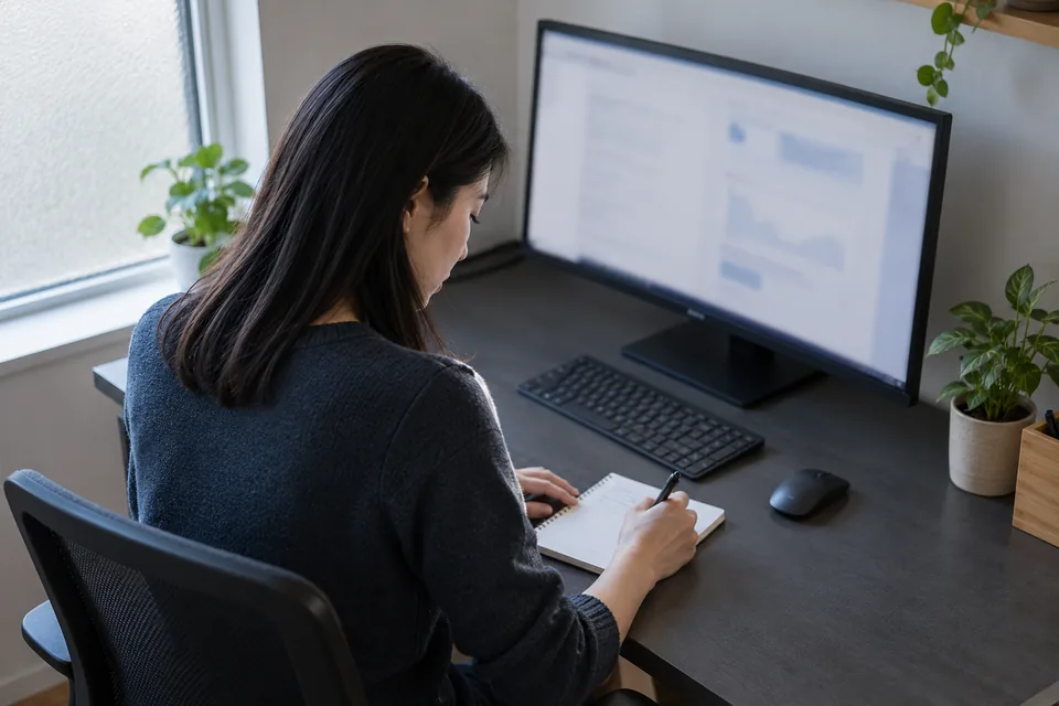 Persoon maakt een aantekening aan een bureau met een monitor.