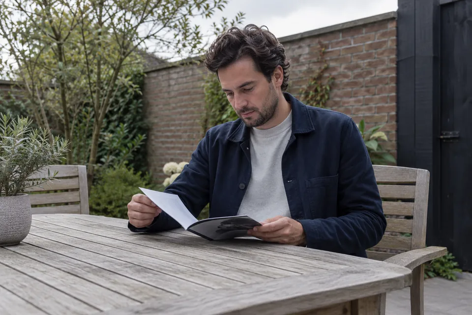 Persoon leest een boekje aan een eenvoudige tuintafel.