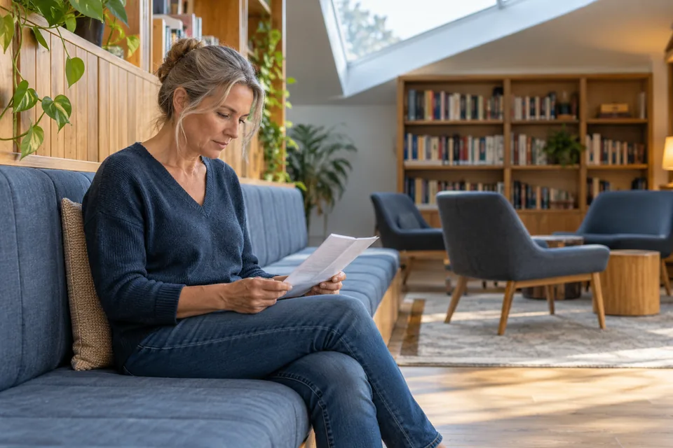 Persoon leest een geprint overzicht in een rustige leesruimte.