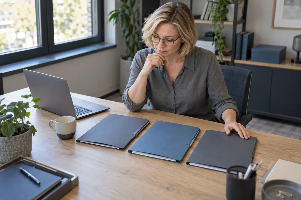 Persoon bekijkt drie informatiemappen die naast elkaar op tafel liggen.